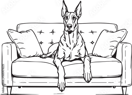 Great Dane sitting on tufted couch black and white line art illustration for pet humor interior and decorative design themes