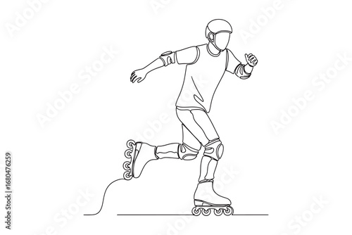 Continuous line drawing of a man rollerblading