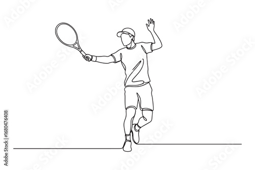 Continuous line drawing of tennis player in action