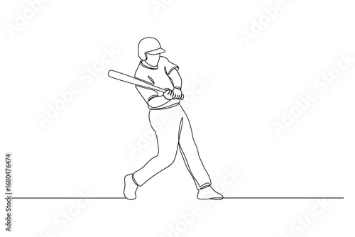 continuous line drawing of a baseball player swinging a bat
