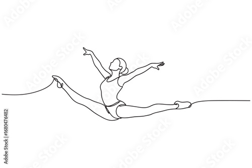 Continuous line drawing of ballet dancer performing a split leap