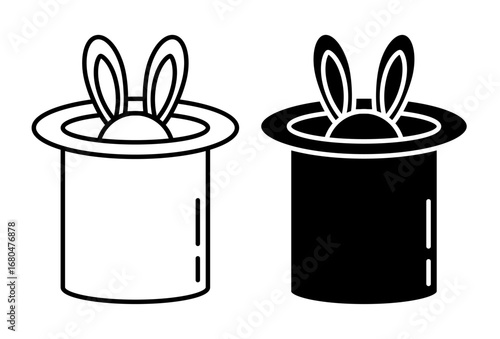 Line icon. Circus rabbit ears stick out of illusionist hat. Simple black and white vector isolated on white background
