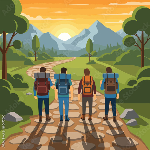 Four hikers with backpacks walk along a stone path towards mountains at sunset.