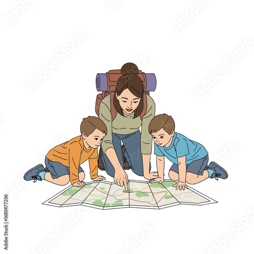 A mother and two children, with backpacks, examine a map together, likely planning a trip.