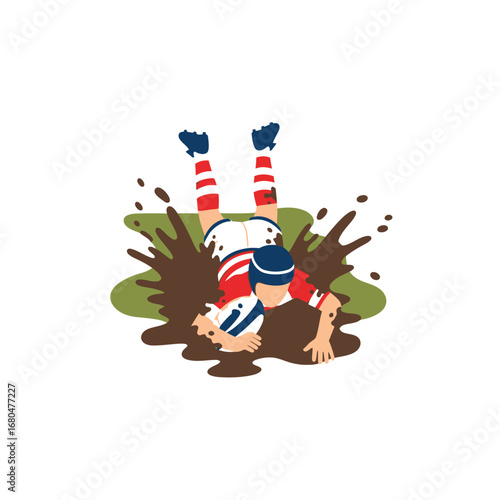 Rugby player falling into a muddy puddle, clutching a rugby ball.