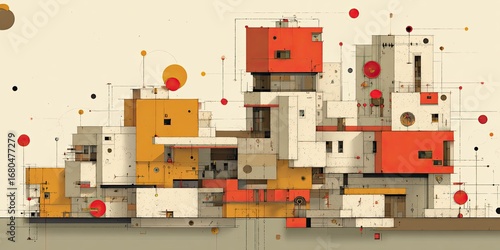 Abstract architectural illustration of a city, with blocks of varying colors, suggesting a futuristic or experimental design
