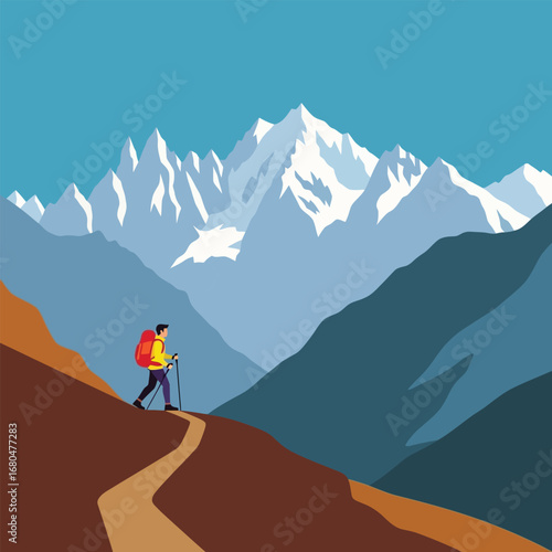 A hiker ascends a mountain path, towards a snow-capped peak, in a vibrant landscape illustration.