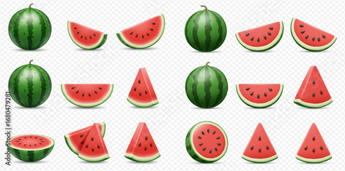 A collection of fresh watermelons and various juicy slices with seeds on a transparent background.