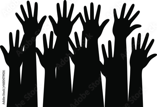 Raised hands silhouettes, volunteering, participation, teamwork, unity, community support, helping hands, social engagement, group involvement