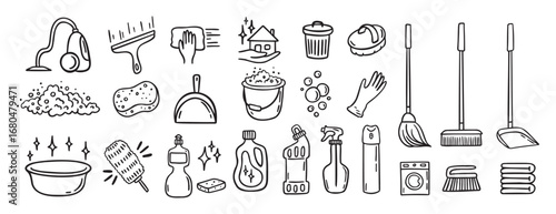 Cleaning kit equipment doodle hand drawn icon set. Outline drawing cleaning inventory, clean tools wash, bucket and mop, spray bottle with detergent cleaner line clipart symbol collection