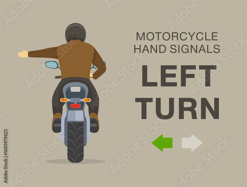 Safe motorcycle riding tips and rules. Types of motorcycle hand signals. Left extended arm means "left turn". Back view. Flat vector illustration template.