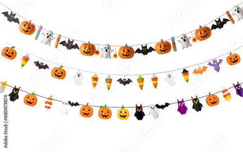 Colorful Halloween Bunting with Ghosts, Pumpkins, and Bats on transparent background