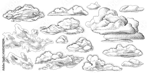 Hand drawn monochrome clouds set