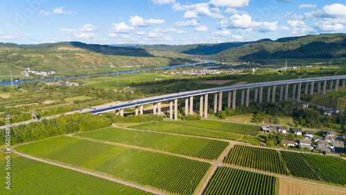Moselle Viaduct Longuich, vineyard in Mosel valley, bridge of highway crossing river near Trier, german autobahn, aerial view