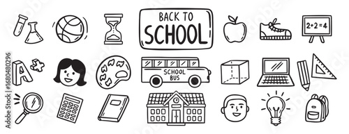 Back to School doodle hand drawn icon set. Outline drawing school items line clipart symbol collection 