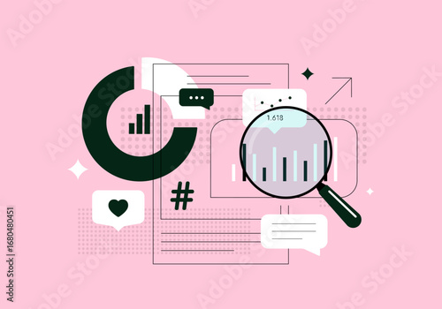 Social Media Analytics concept with magnifying glass, charts, pie diagram and message icons. Social media metrics and reporting tools, data tracking and digital marketing strategy vector illustration
