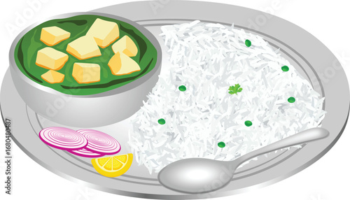 Delicious Palak Paneer And Rice With Spoon Vector Illustration (Royalty Free)