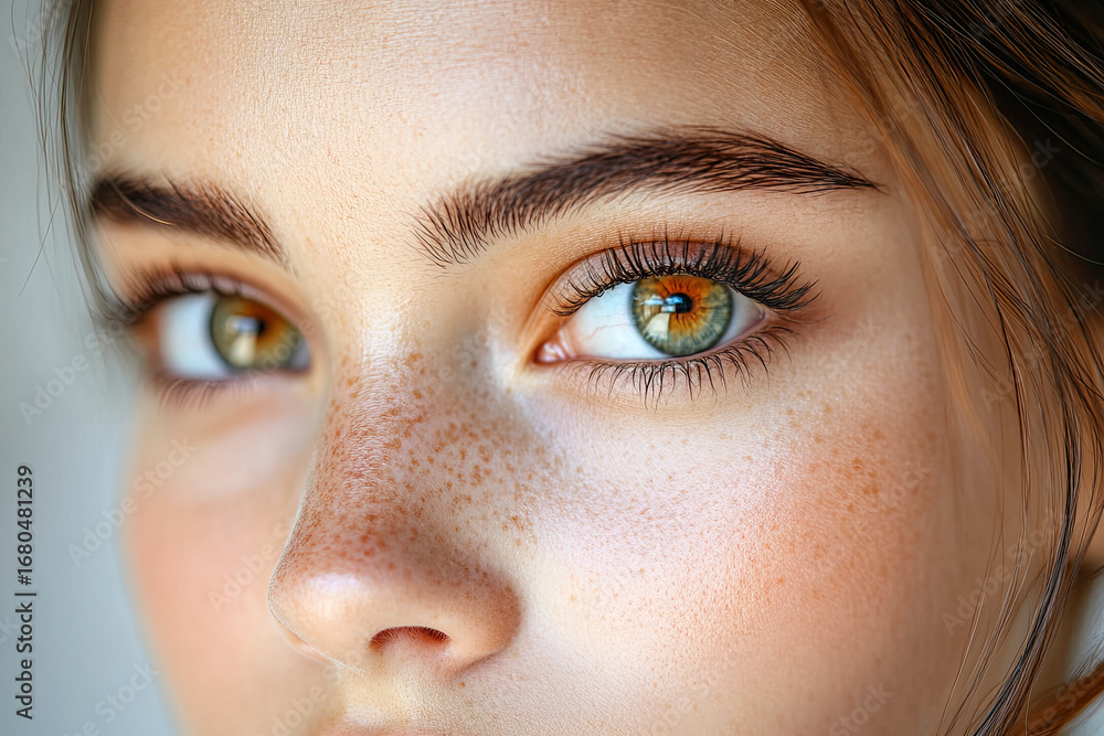 Fototapeta premium A close-up portrait featuring a young woman's face, showcasing striking green eyes, freckles, and natural beauty.