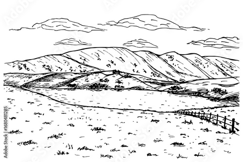 Rural landscape with meadow, hills, mountains and clouds sketch illustration. Hand-drawn vector line art, outline drawing in engraving style, isolated on a white background