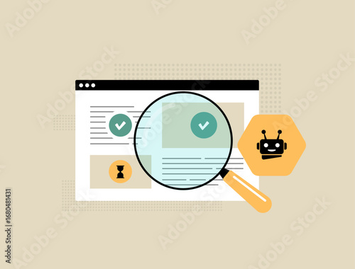Automated SEO audit with magnifying glass analyzing website content, ai crawling process and indexing performance. Improve search visibility, seo digital strategy, online growth vector illustration