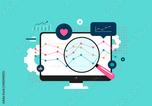 Social media analytics dashboard with charts and graphs on computer screen, illustrating audience engagement, campaign performance and marketing insights for smm digital strategy, vector illustration