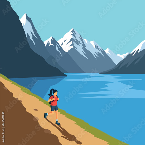 A woman hikes along a trail beside a serene lake and majestic snow-capped mountains.