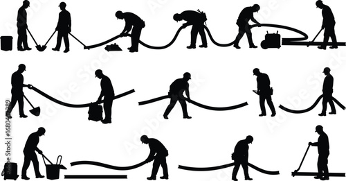 Construction workers installing underground cables, heavy duty wiring maintenance, electricity repair service, power line installation, black silhouette vector illustration, energy system connection