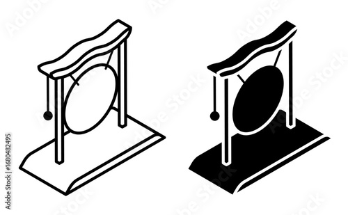 Linear icon, isometric Japanese musical instrument metal copper gong suspended in an arch aerial view. Simple black and white top view vector isolated on white background