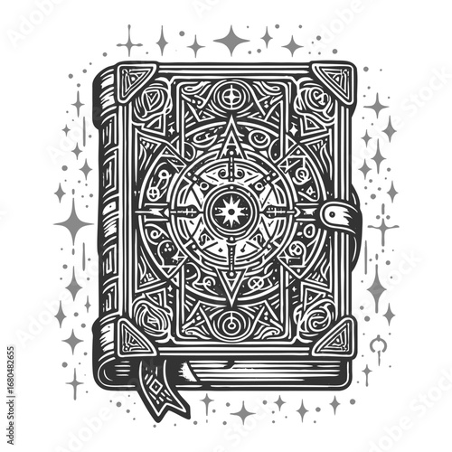 magical spellbook decorated with celestial symbols and a pentagram, glowing with mystical energy sketch engraving generative ai vector illustration. Scratch board imitation. Black and white image.