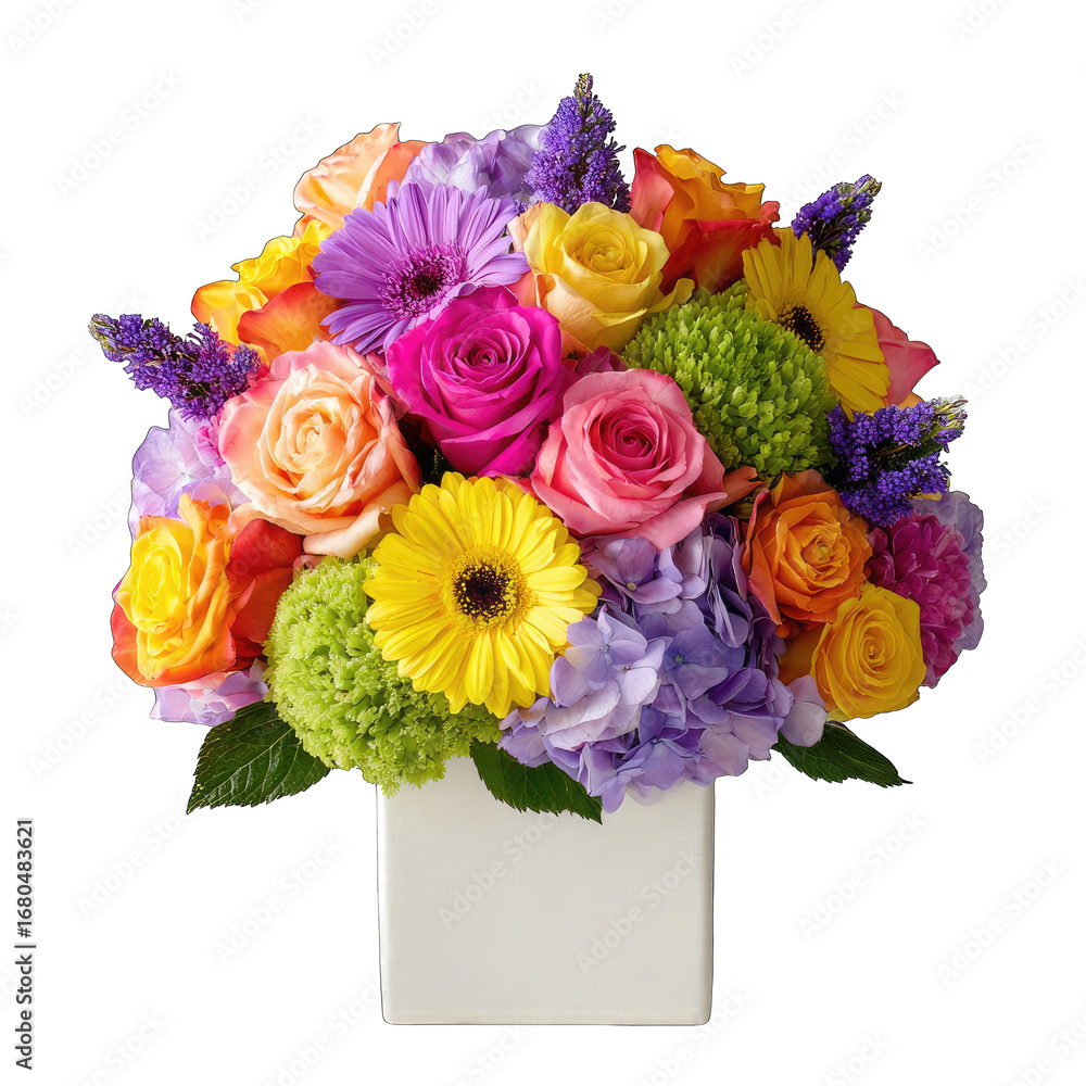 Obraz premium Vibrant bouquet of colorful roses, hydrangeas, and gerberas in a white vase