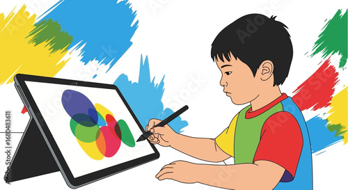 Child's Creativity Emerging Through Digital Artistry on Technology Tablet Display