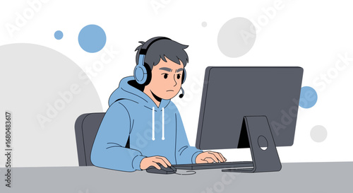 Concentrated Gamer Engaged In Game Play Wearing Headset and Concentrating On Screen