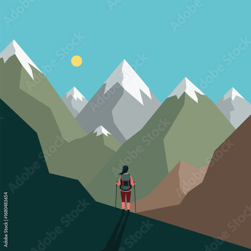 A lone hiker with a backpack treks through a mountainous landscape under a bright sun.