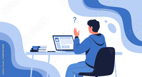 Confused Individual Facing Digital Challenges While Working With a Laptop Online