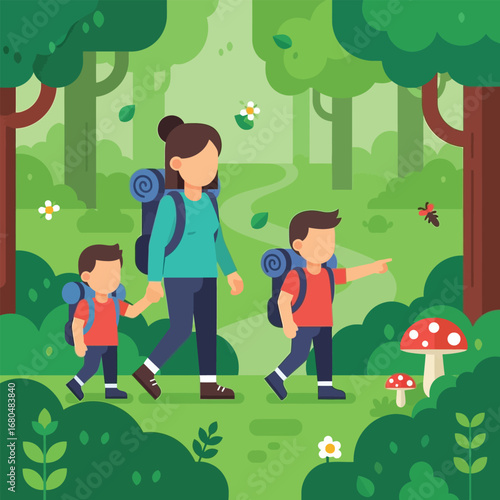 A mother and two sons hiking through a lush green forest, enjoying nature and bonding together.