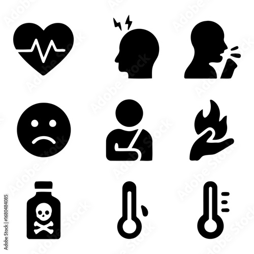 Health Icons: A collection of simple, clear icons representing various health conditions and symptoms, perfect for medical and wellness-related projects.
