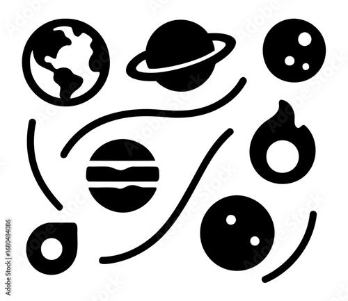 Cosmic Odyssey: A graphic representation of the universe's celestial bodies. A stunning display of astronomical icons set against a vibrant backdrop, invoking a sense of wonder and exploration.