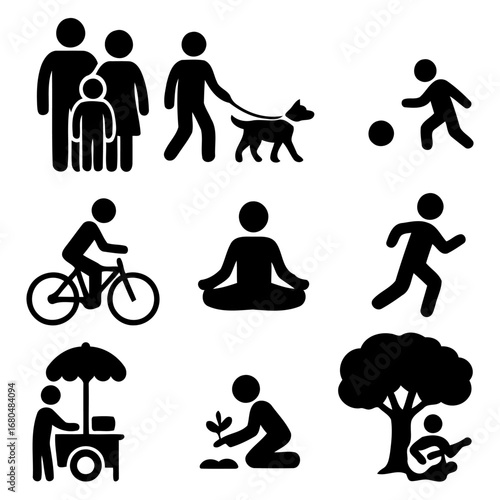 Active Park: A series of icons depicts a variety of activities occurring in a park, from families strolling and cyclists enjoying the environment, to people walking their dogs.