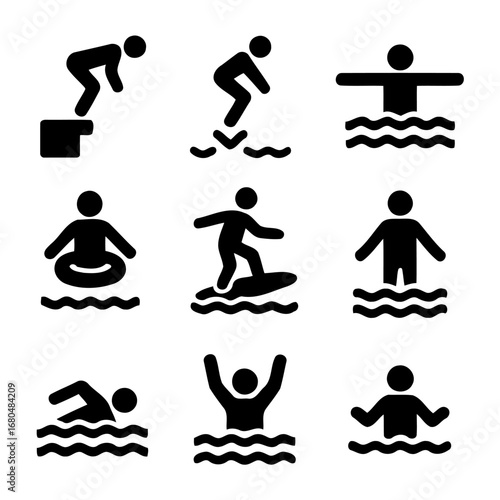Swimming Action Icon: A collection of dynamic icons represents swimming actions, from diving off a platform to gliding through the water, perfect for illustrating various water sports and activities.