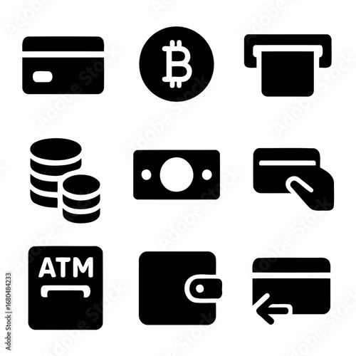 Digital Financial Transactions Icons: A cohesive set of minimalistic icons represent various facets of modern financial transactions, featuring credit card, crypto-currency coin, money banknote.