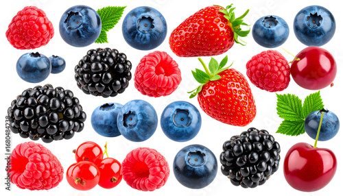 Juicy red raspberries and ripe blueberries. Fresh summer berry set on white background