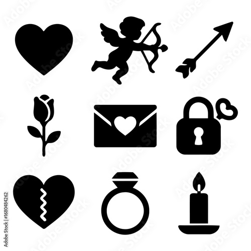 Valentine's Symbols of Devotion: An array of monochromatic symbols, featuring a delicate rose, a cupid, a heart and an arrow, and other expressions of love to celebrate the spirit of Valentine's Day.