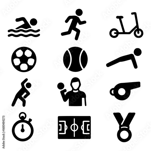 Iconic Sporting Silhouettes: A collection of sport icons on the flat surface, each depicting the essence of various athletic activities and competitions.