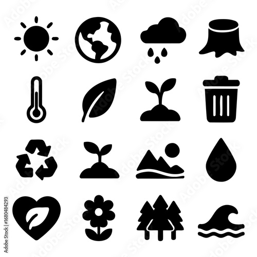 Environmental Icon Set: A concise collection of illustrative icons representing essential elements, symbols, and concepts related to the environment, including the sun, earth, rain, trees, leaves.