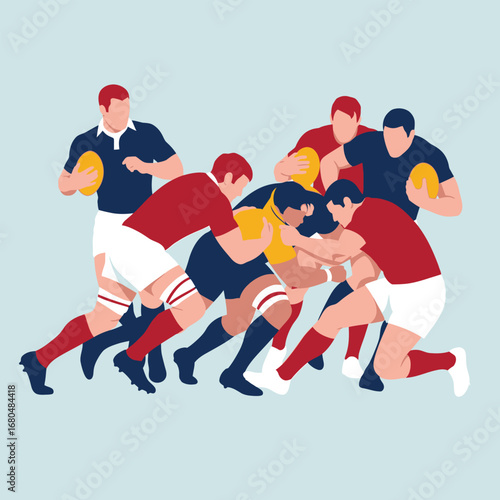 Illustration depicting a rugby scrum with players in action, tackling and passing the ball.