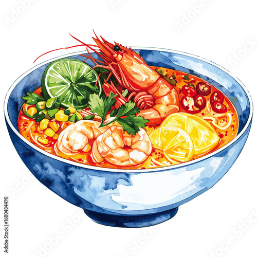 Watercolor Illustration of Canh Chua – Traditional Vietnamese Sweet and Sour Fish Soup with Herbs and Vegetables