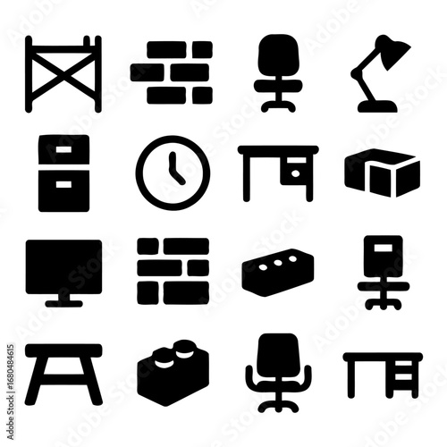 Workspace icons: A curated set of monochrome icons, representing essential workspace elements, offering a sleek and versatile visual resource.