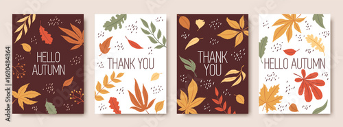 Vector autumn vertical greeting cards with hand drawn lettering and colorful fall leaves pattern. Seasonal natural foliage backgrounds collection. Botanical flat design vector illustrations set