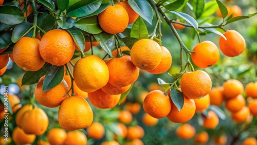 Ripe oranges hanging on a tree branch