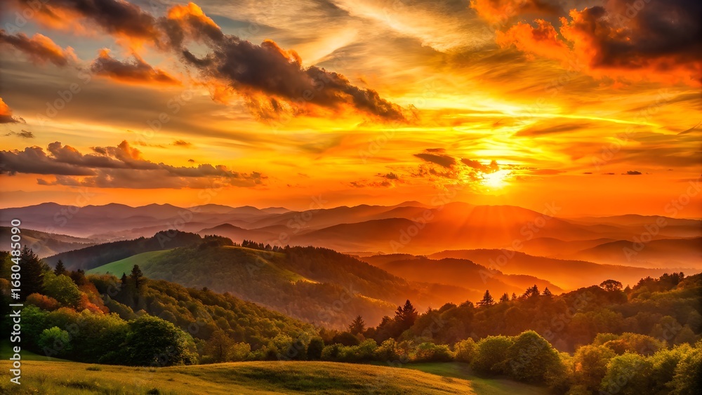 Fototapeta premium Vibrant sunset over rolling hills and mountains
